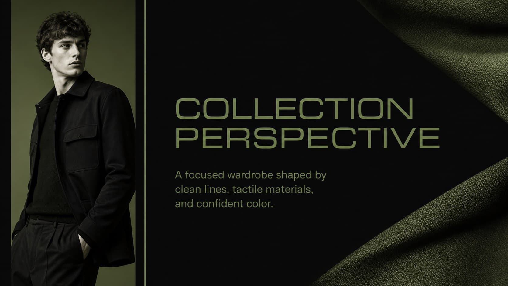 Fashion lookbook introduction slide presenting a modern collection concept in green and black.