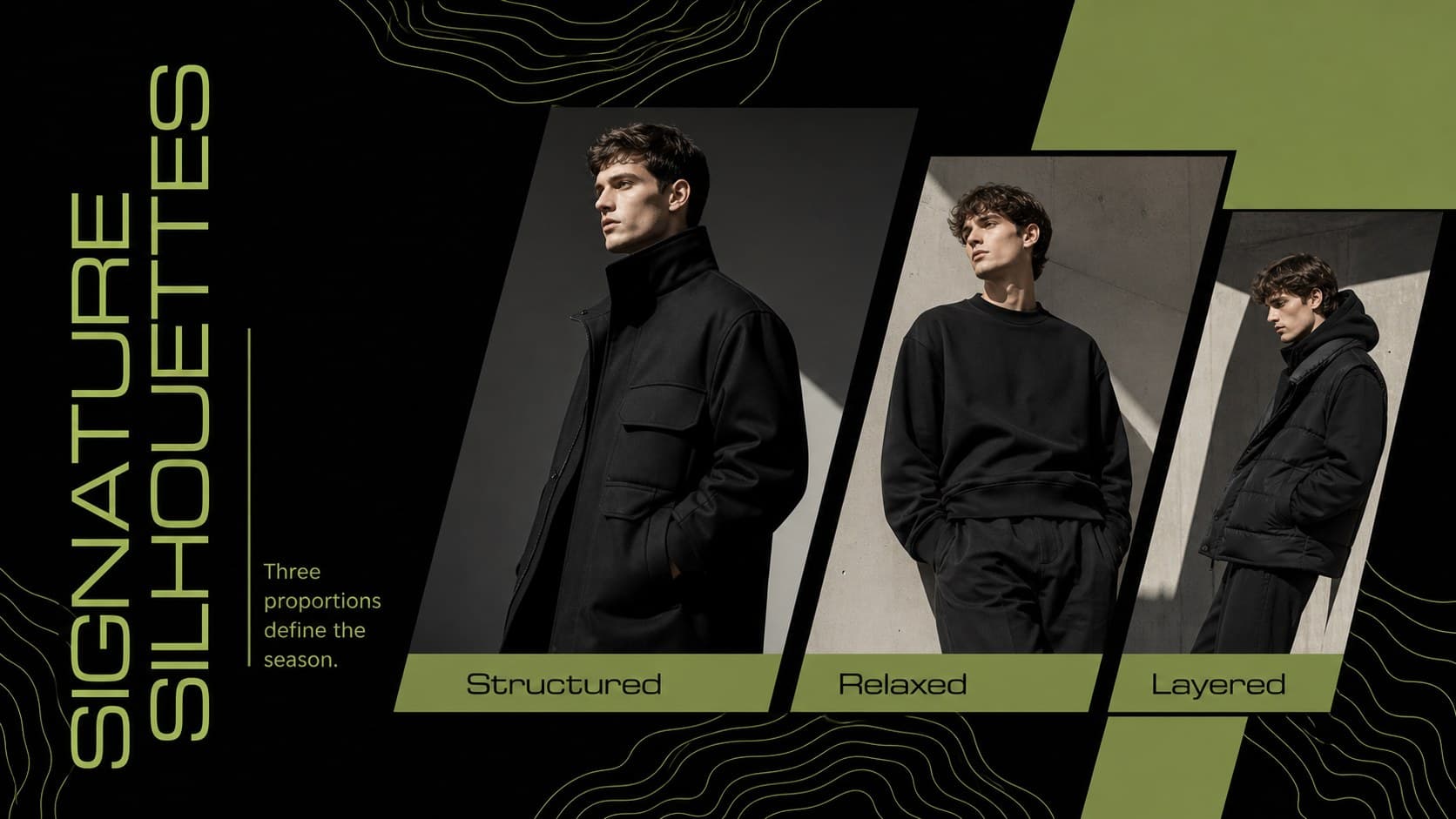 Editorial apparel lookbook slide showcasing three signature silhouettes for a contemporary collection.