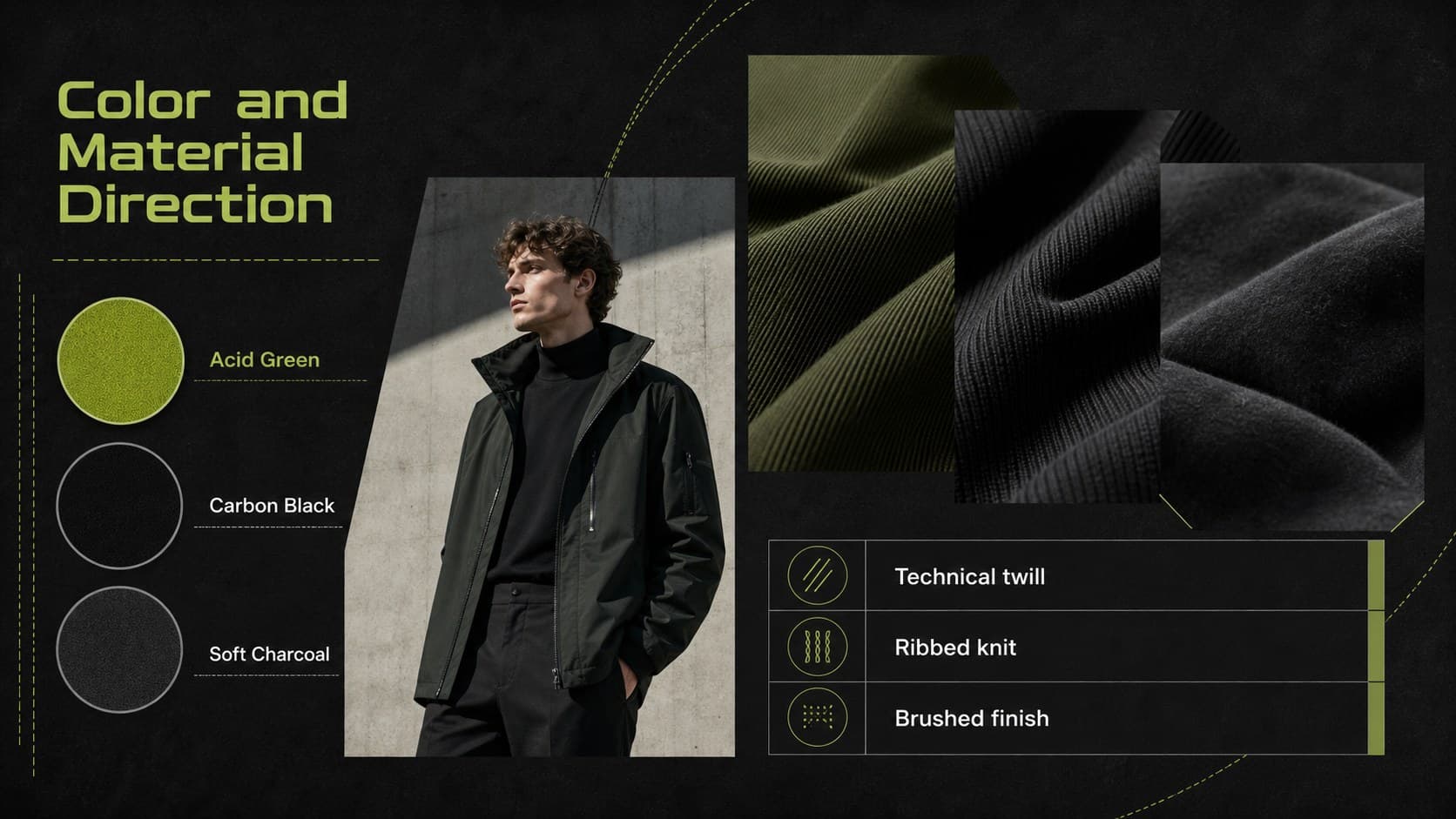Fashion materials slide displaying an acid green and black palette with fabric and finish notes.