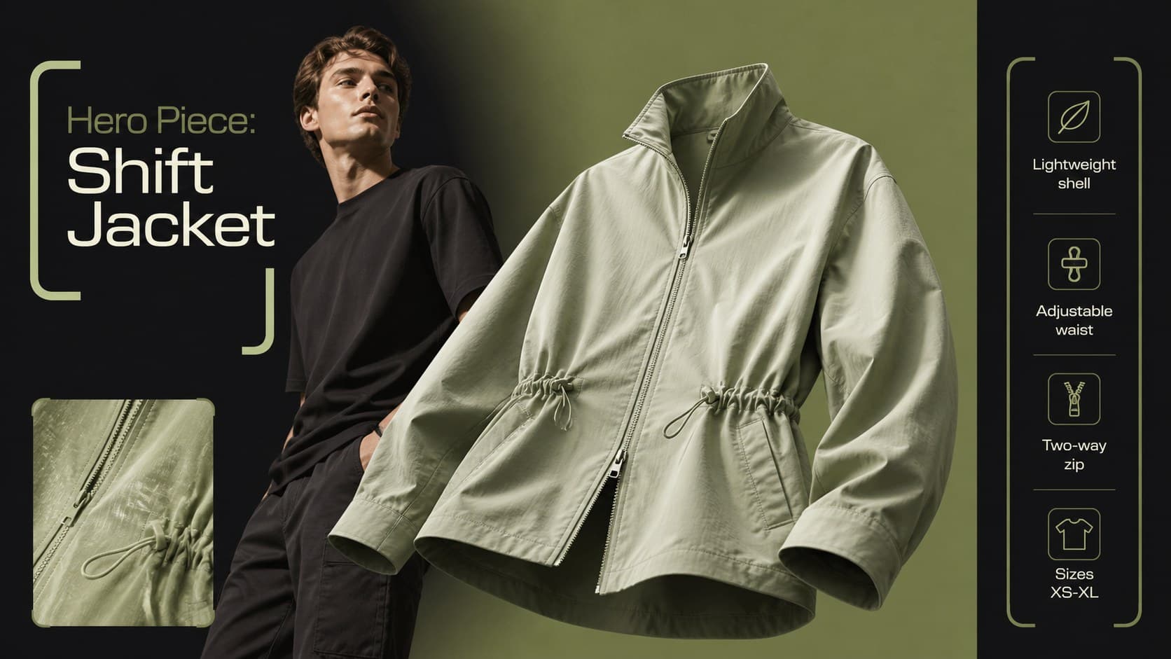 Featured outerwear product slide with garment details for a green fashion collection lookbook.