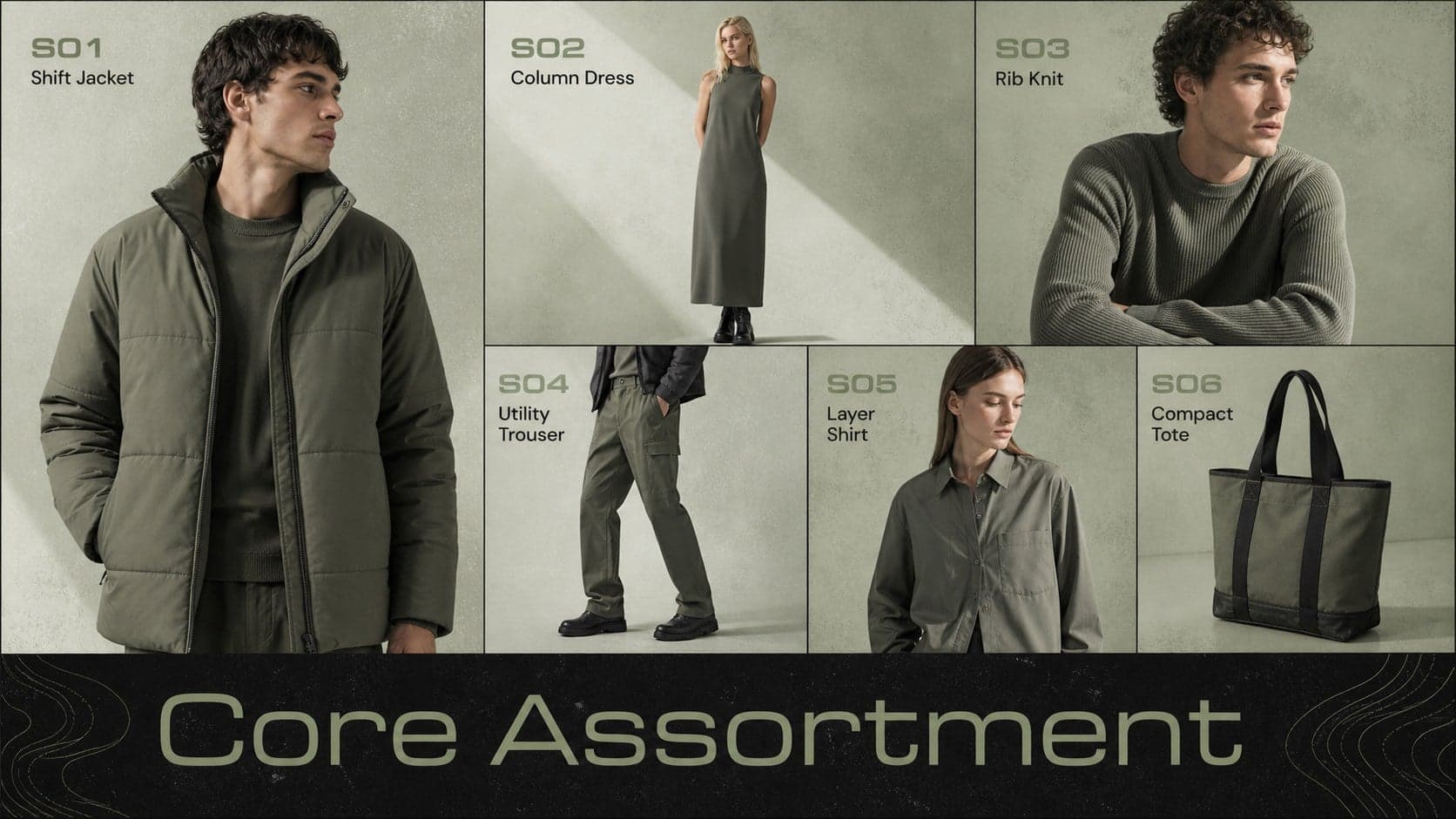 Retail assortment presentation slide showing a structured grid of fashion products and style codes.