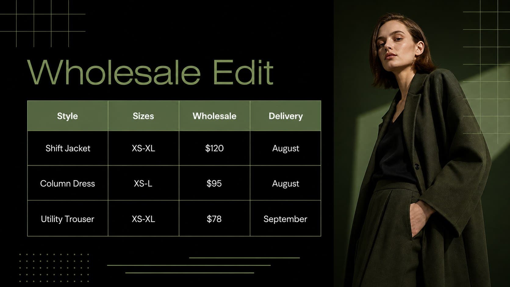 Fashion wholesale pricing presentation with product codes, size ranges, and delivery information.