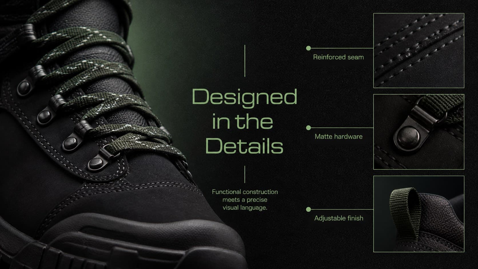 Apparel product detail slide featuring construction notes and close-up material photography.