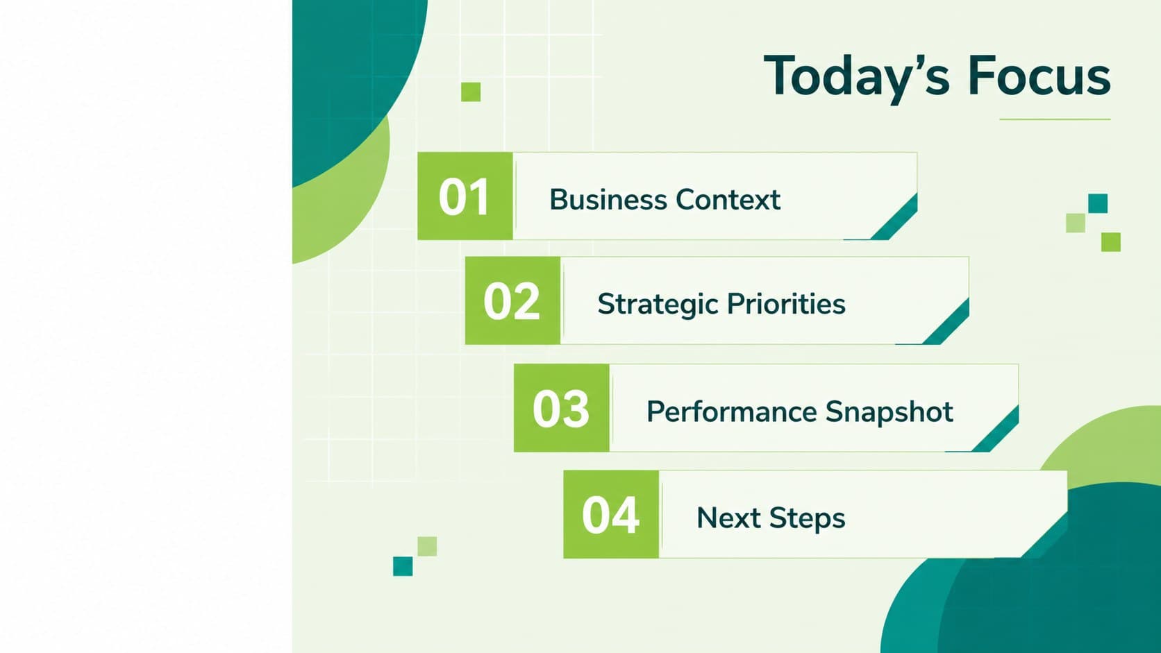 Green geometric corporate presentation theme agenda with four structured sections for a business meeting.