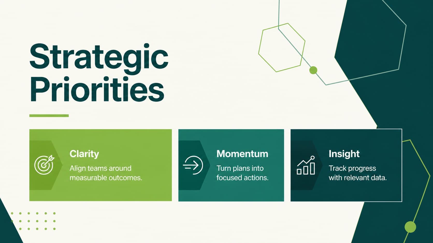 Modern green business slide theme showing three strategic priorities with geometric data blocks.