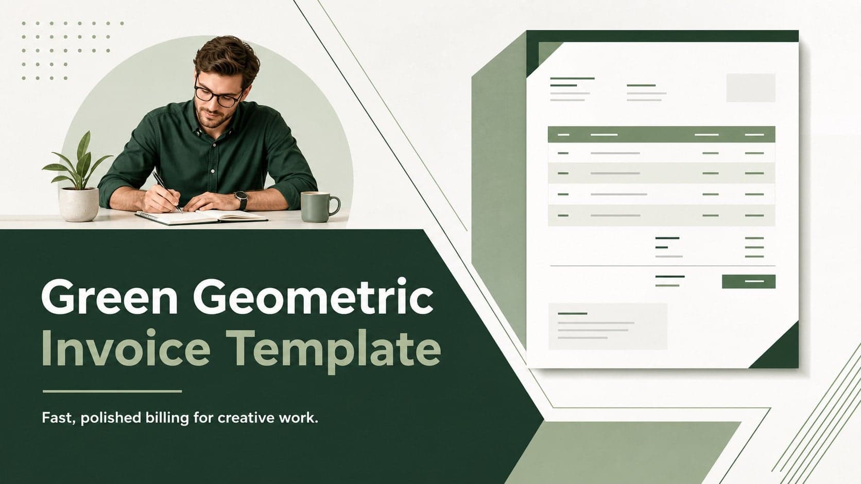 Cover slide showing a green geometric invoice template with a bold billing title and clean white document space.