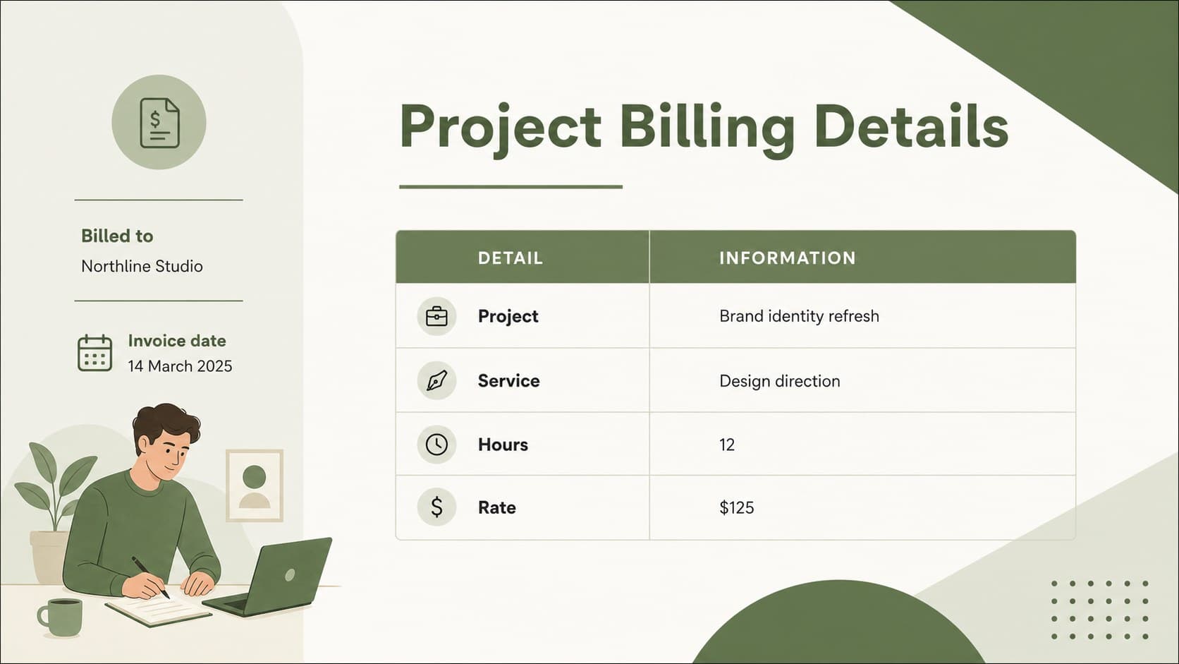 Invoice details slide presenting client information, project services, and billing dates in a green geometric layout.