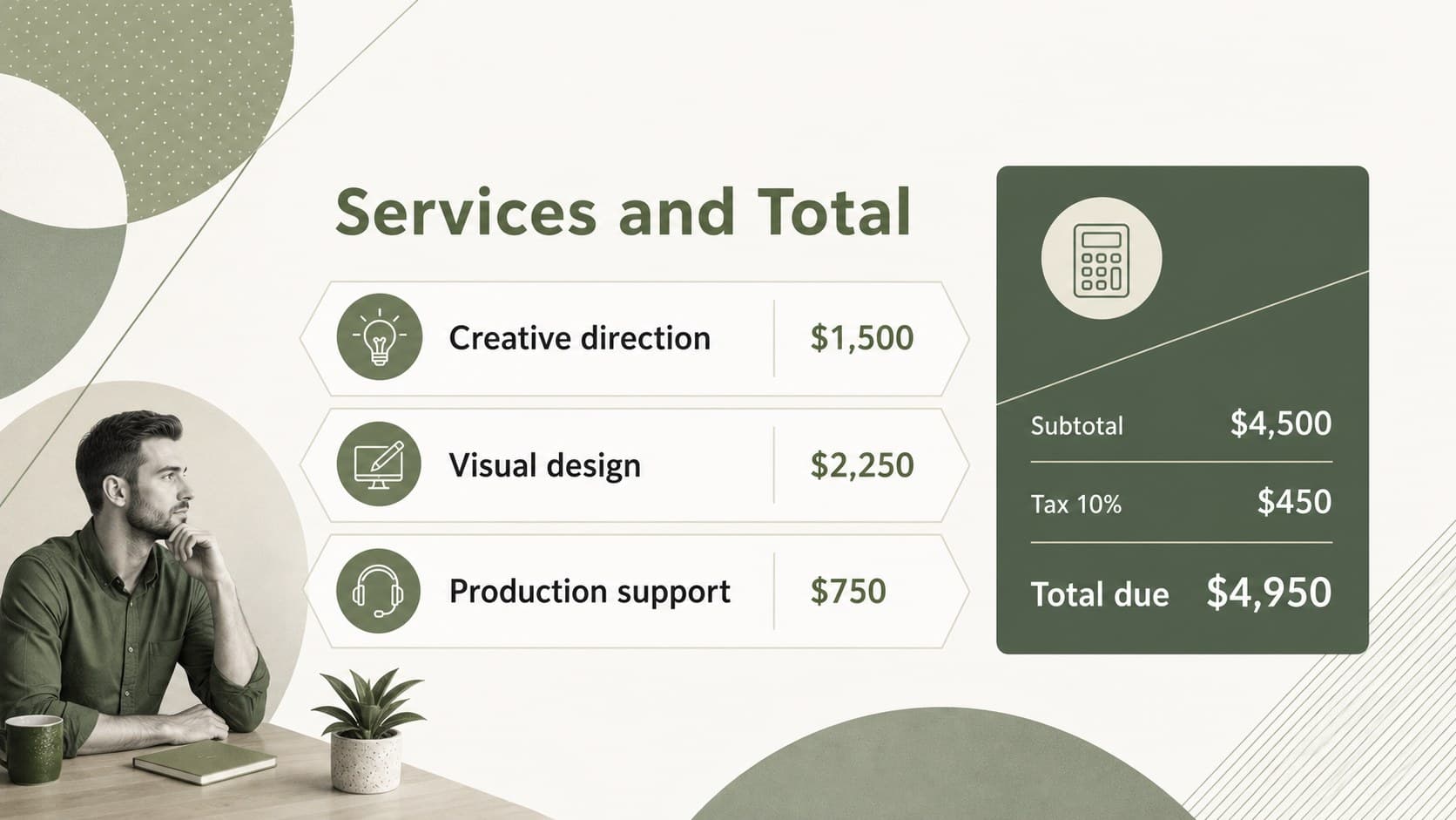 Pricing summary slide showing service rows, subtotal, tax, and total due in an editable green invoice format.