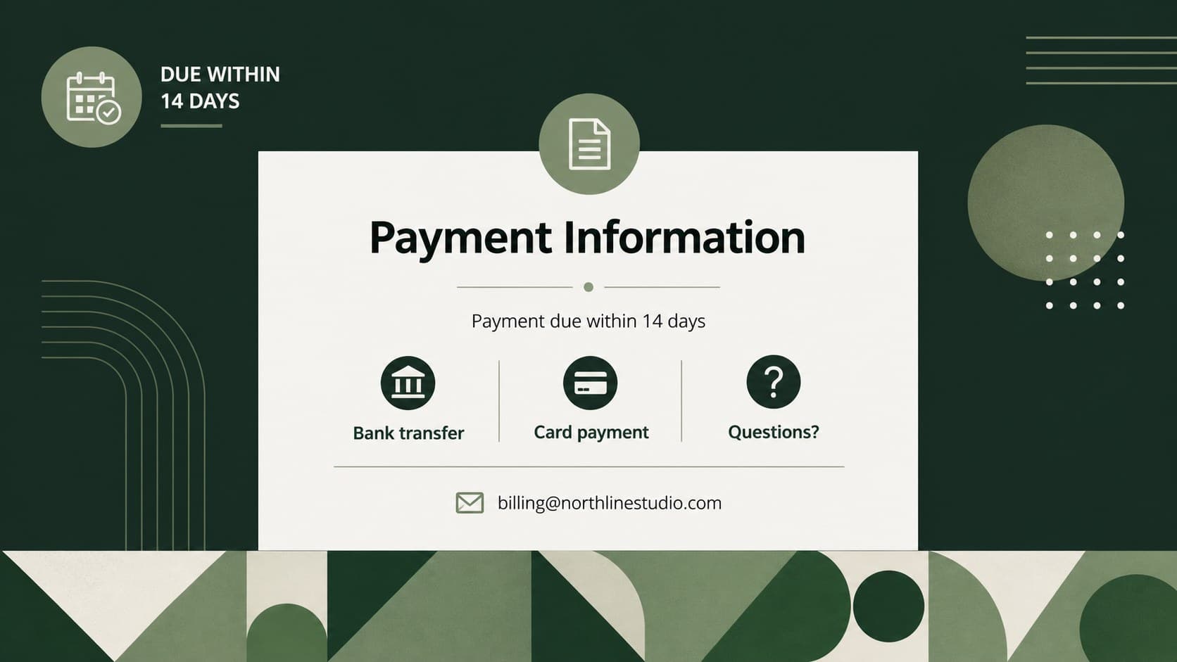 Payment information slide outlining due date, accepted methods, and contact details for a graphic design invoice.