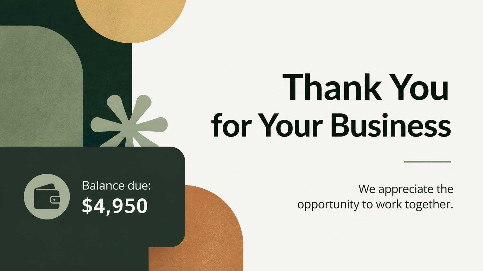 Closing invoice slide featuring a thank-you message, balance reminder, and minimal green geometric decoration.