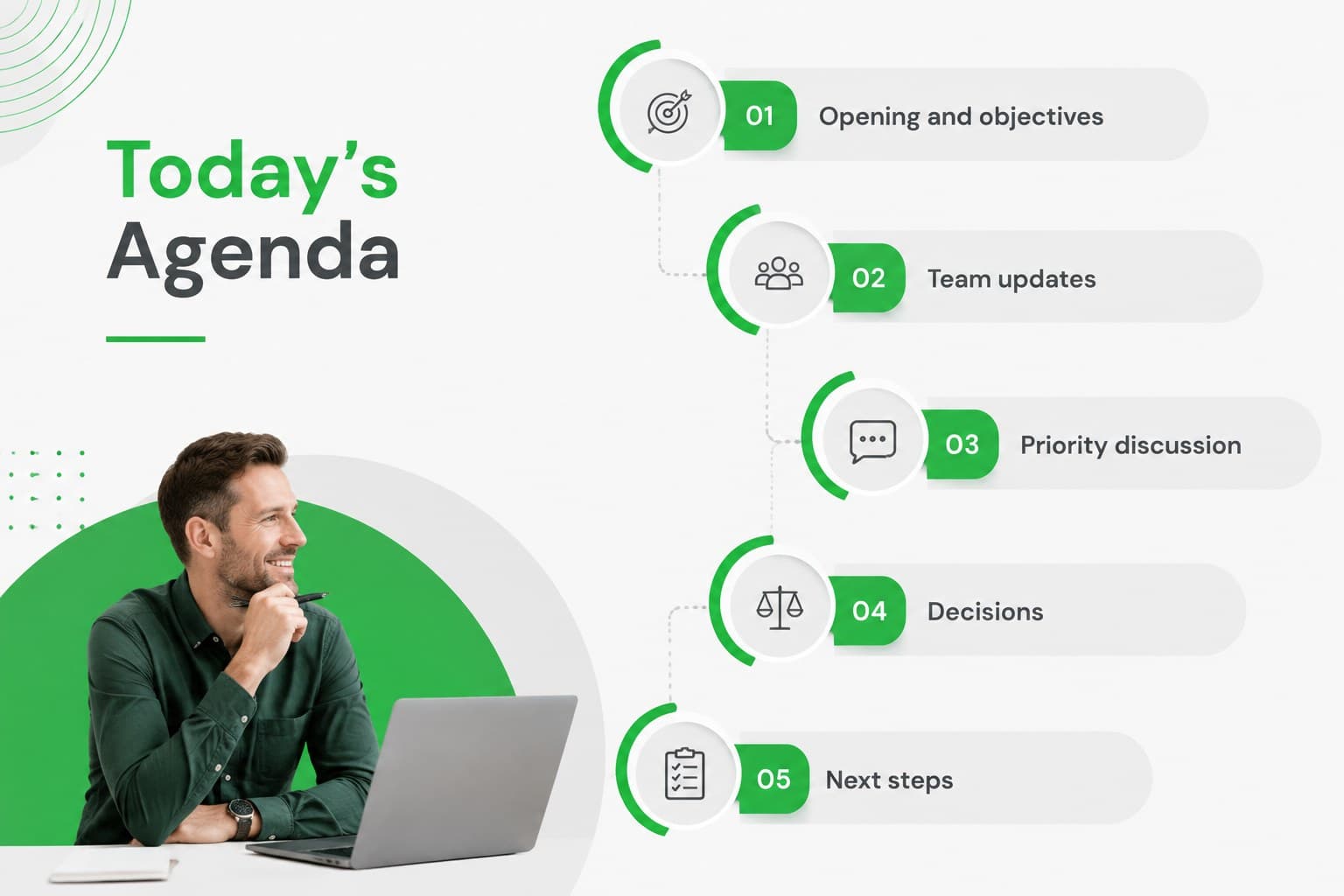 Meeting agenda overview with timed discussion sections in a modern corporate meeting agenda template.