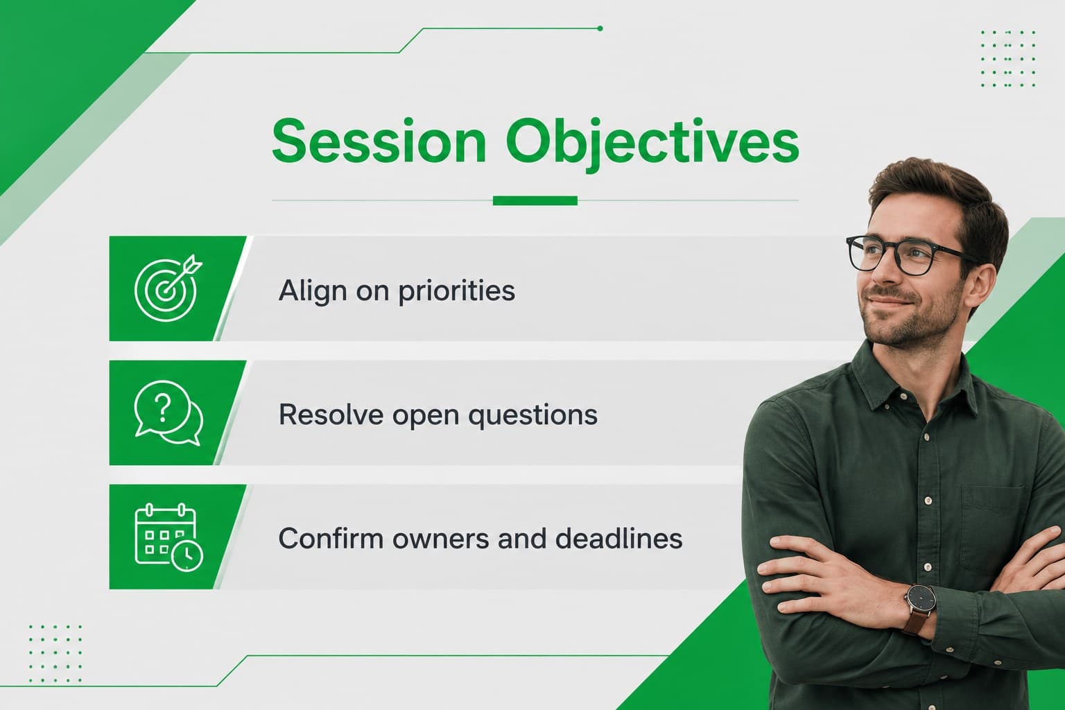Session objectives layout for an editable team meeting planner in green and gray.