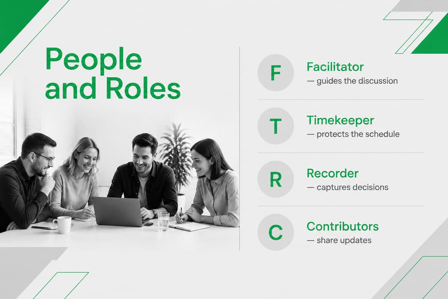 Attendee roles and responsibilities page for a professional weekly business meeting presentation.