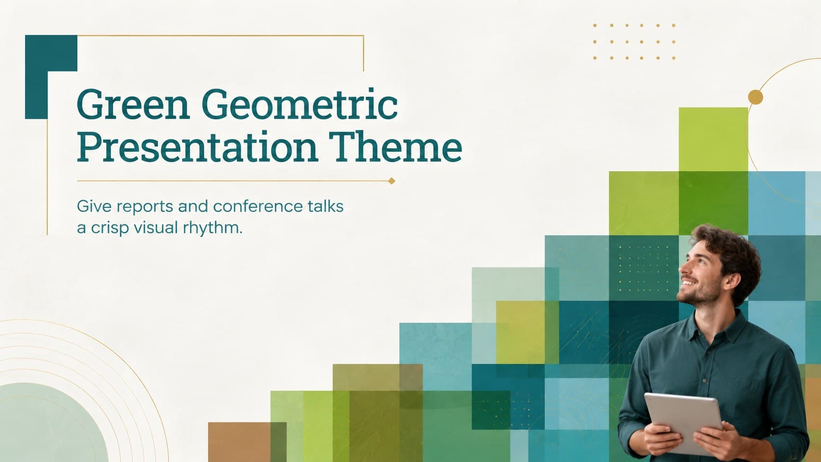 Cover for the Green Geometric Presentation Theme with layered green and blue squares framing a modern title.