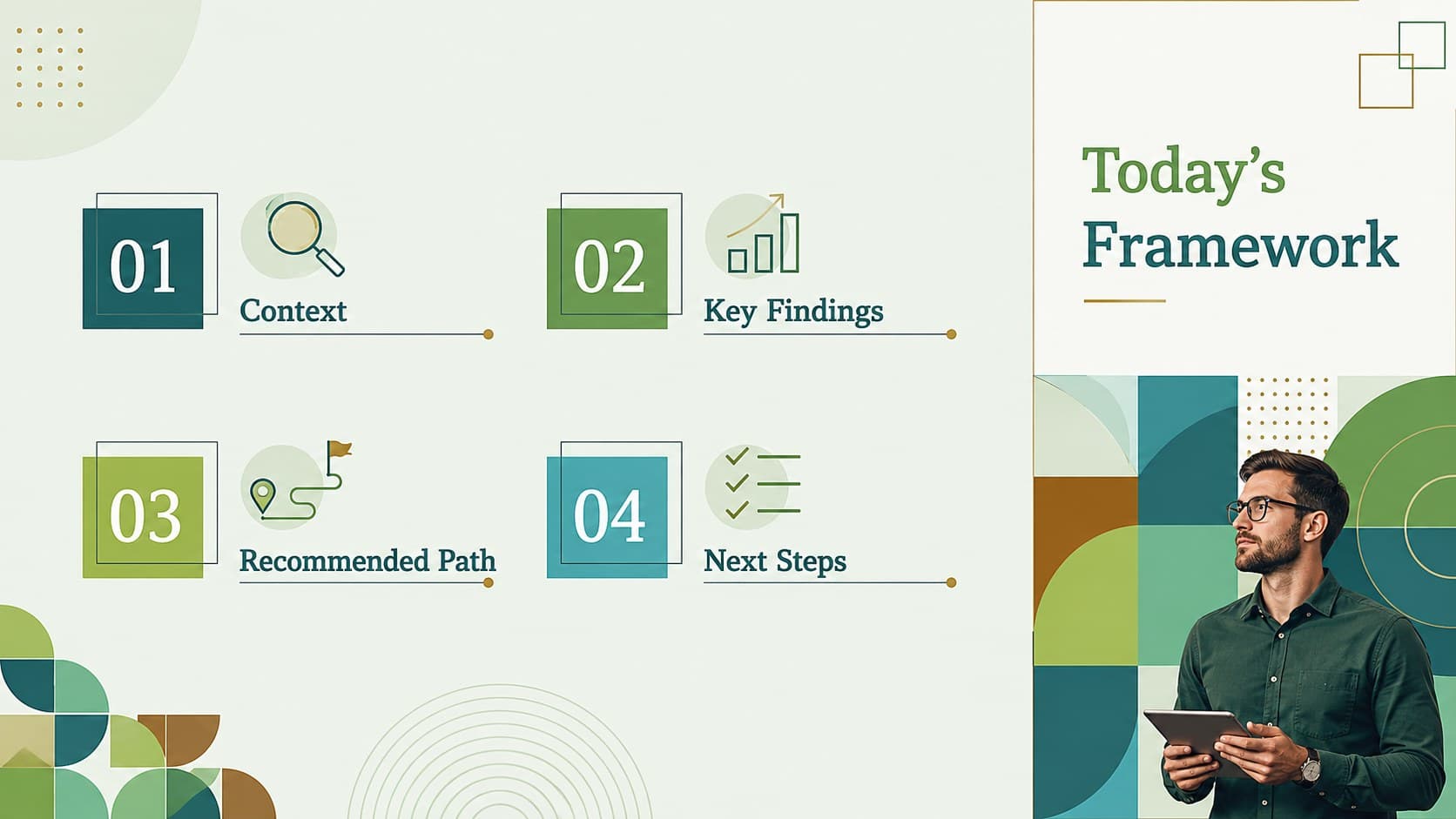 Agenda layout from a modern green business presentation with four topics arranged in a geometric grid.
