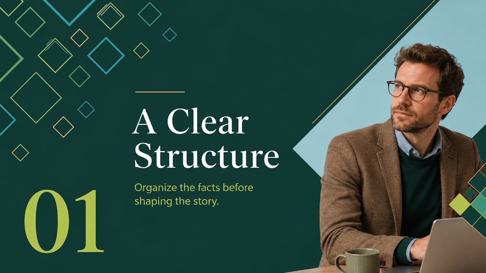 Green geometric section divider introducing a clear structure for a professional presentation.