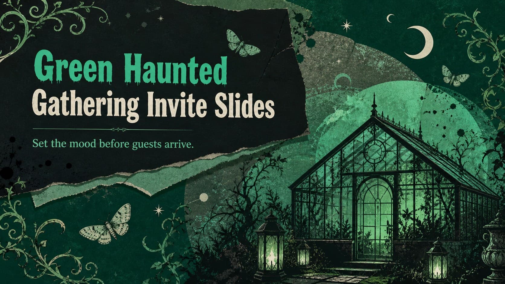 Cover of the Green Haunted Gathering Invite featuring textured green artwork and playful Halloween decorations.