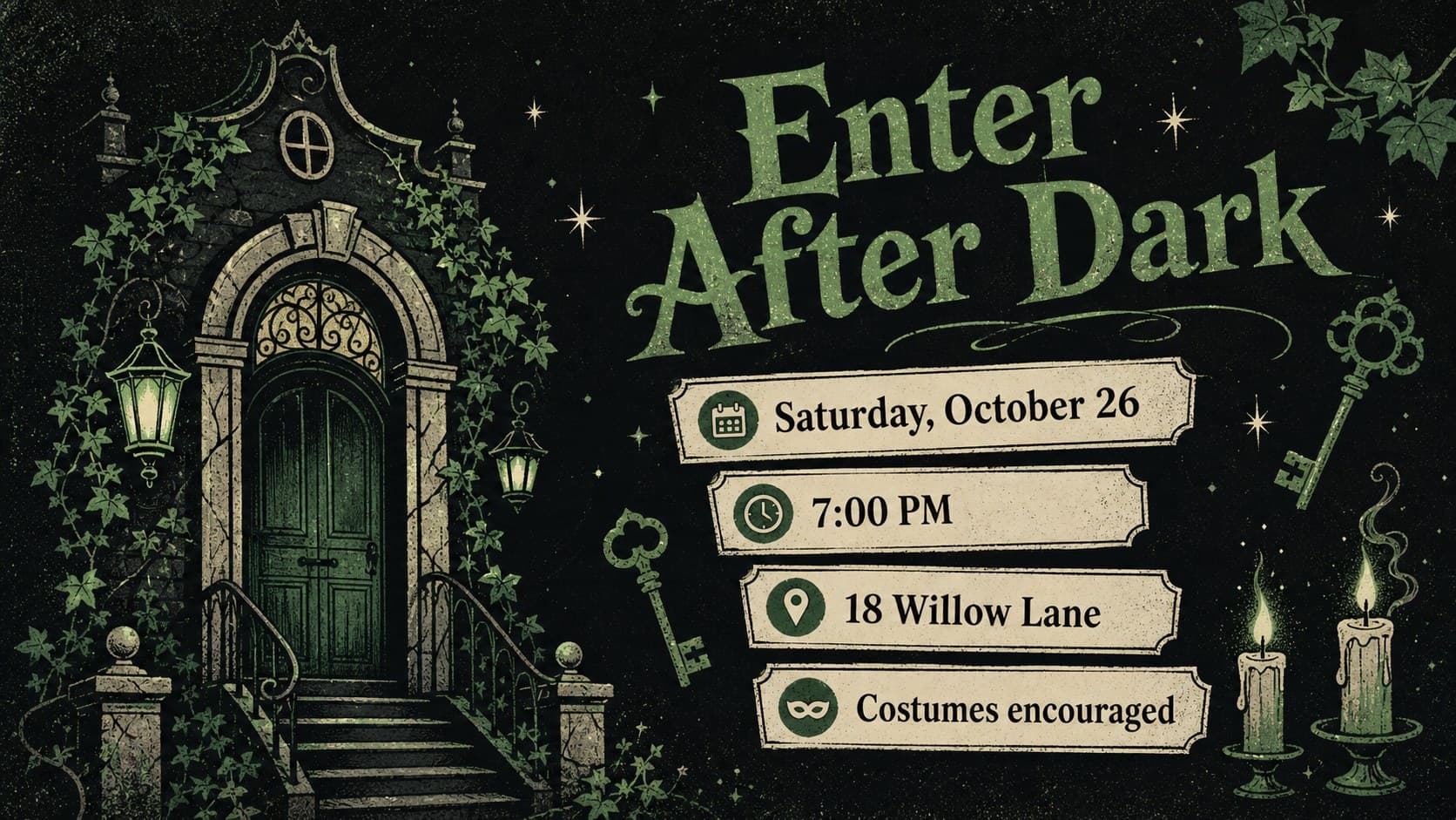 Green Halloween party details slide listing the date, time, location and costume dress code.