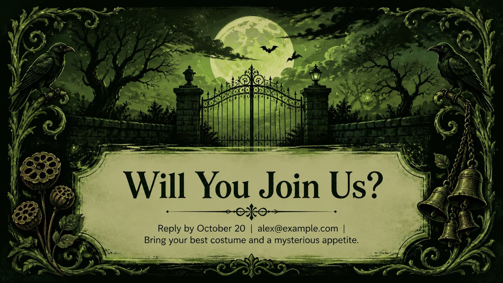 Spooky green RSVP slide for a haunted gathering invitation with response deadline and contact details.