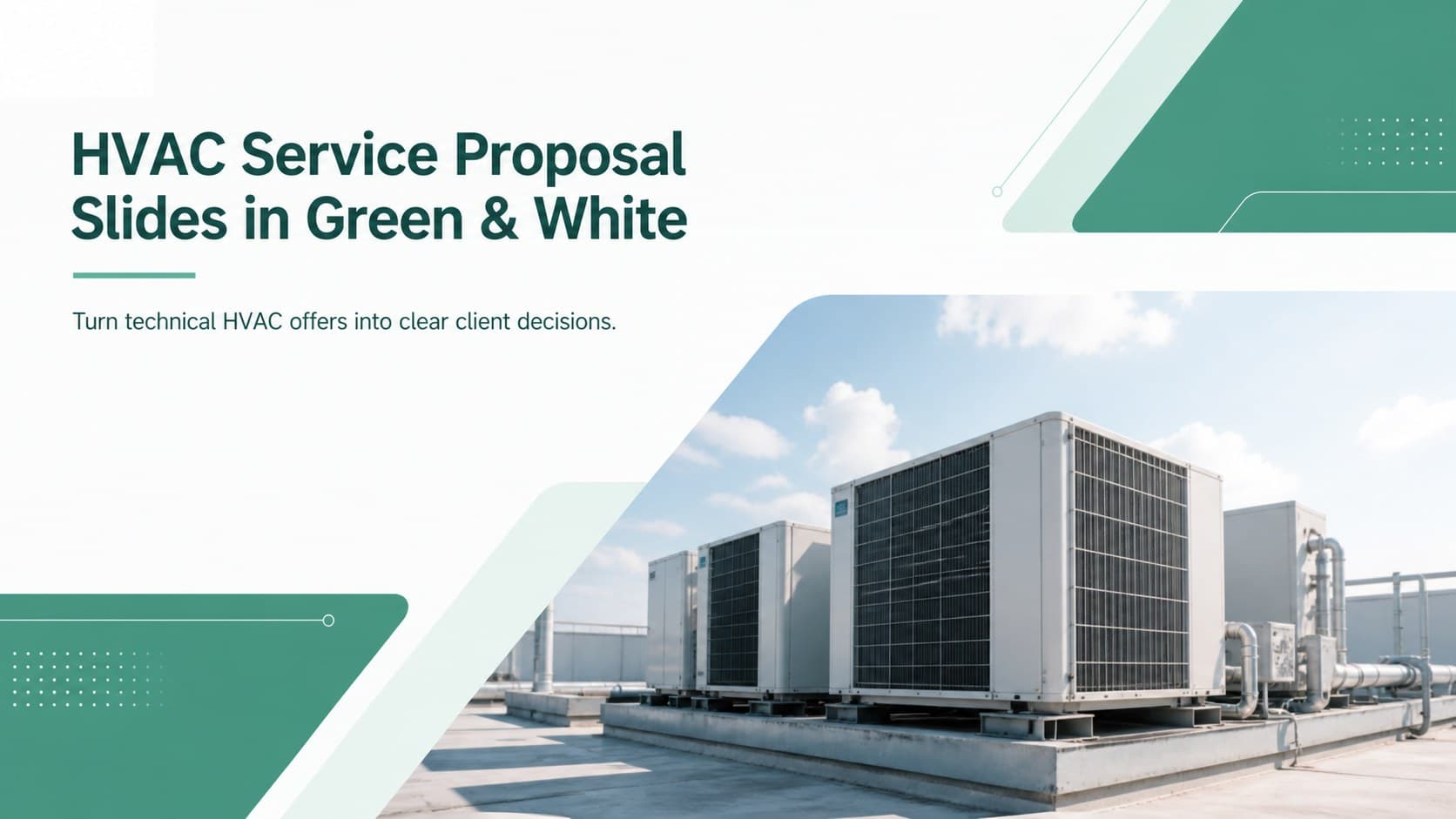 Green and white cover for HVAC service proposal slides featuring geometric shapes and a modern commercial climate-control image.