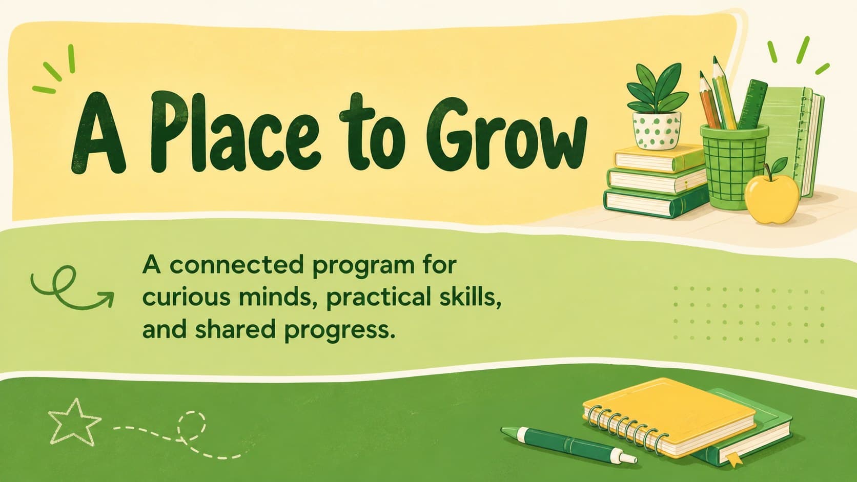 Education presentation slide showing a school program overview with green panels and yellow accent shapes.