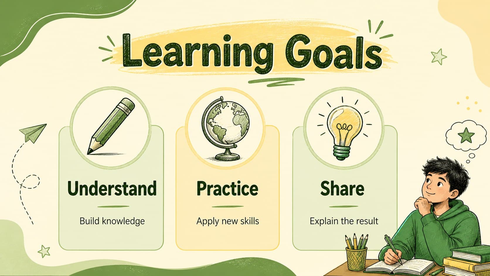 Learning goals slide with three green and yellow cards for an academic program presentation.