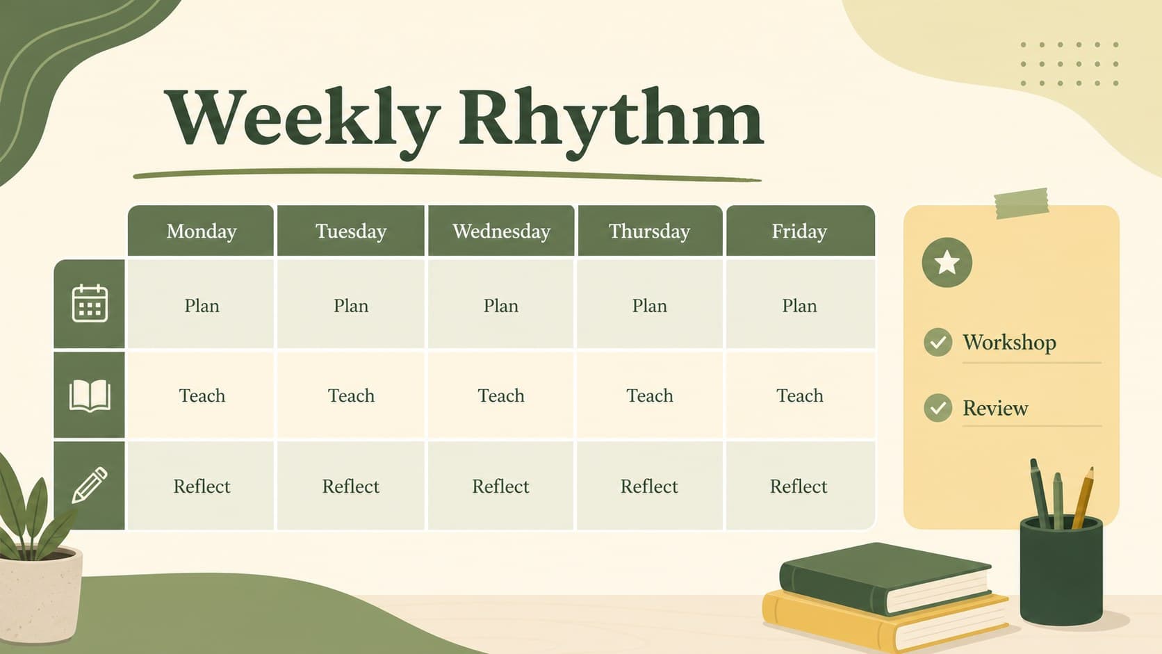 Weekly school schedule displayed as a green and yellow timetable slide for teachers and educators.