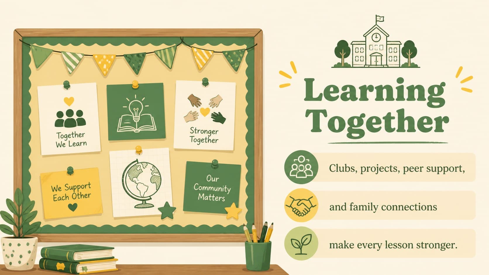 School community slide presenting collaborative activities with illustrated green and yellow academic graphics.