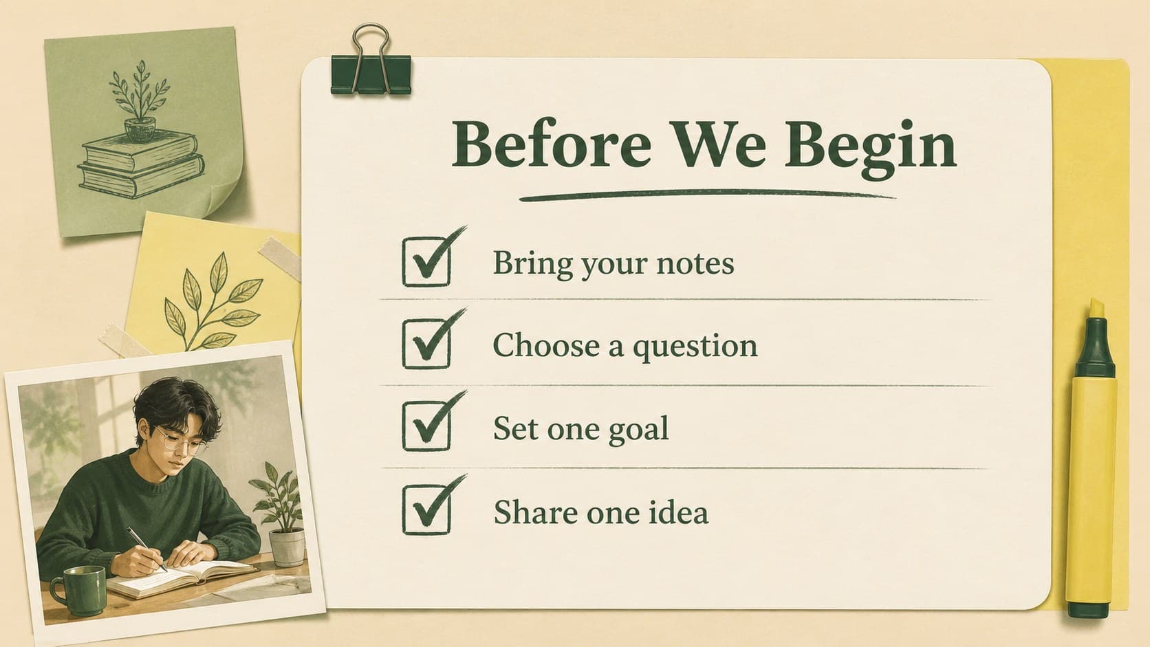 Reminder and action slide with green checklist rows and yellow academic stationery accents.
