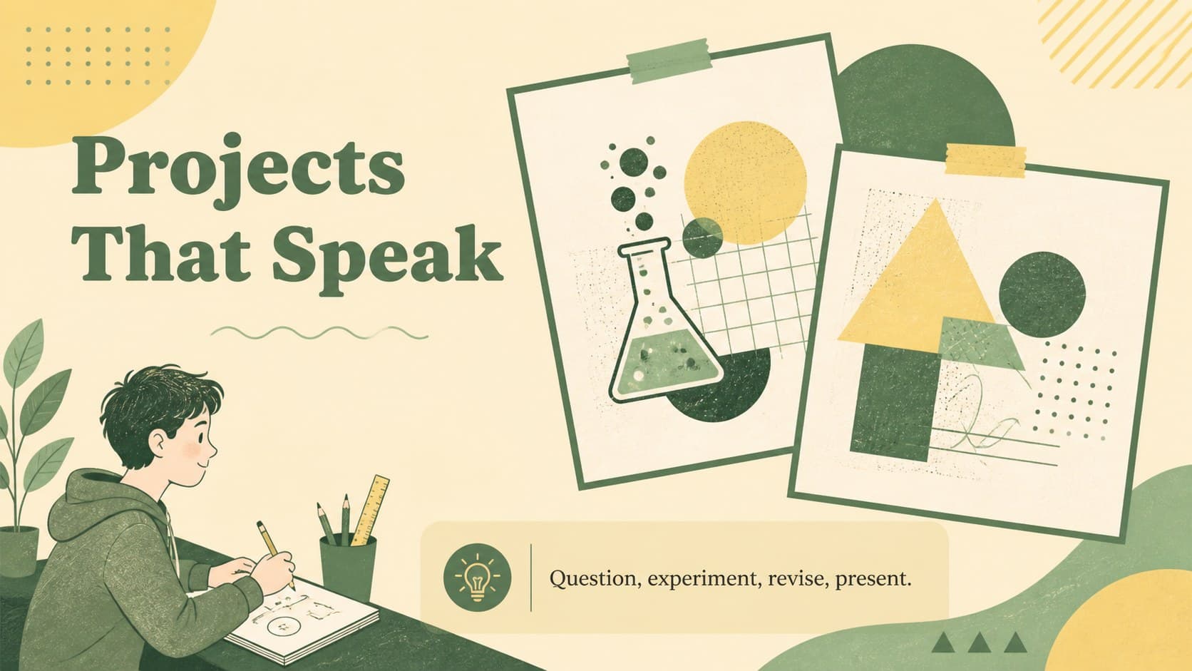 Project showcase slide highlighting student work in a green and yellow classroom presentation design.