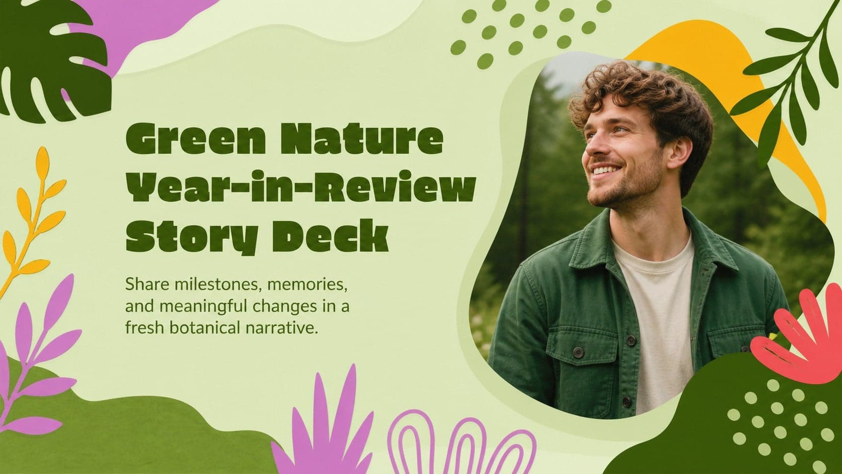 Cover of a Green Nature Year-in-Review Story Deck with vivid botanical illustrations and a modern personal recap title.