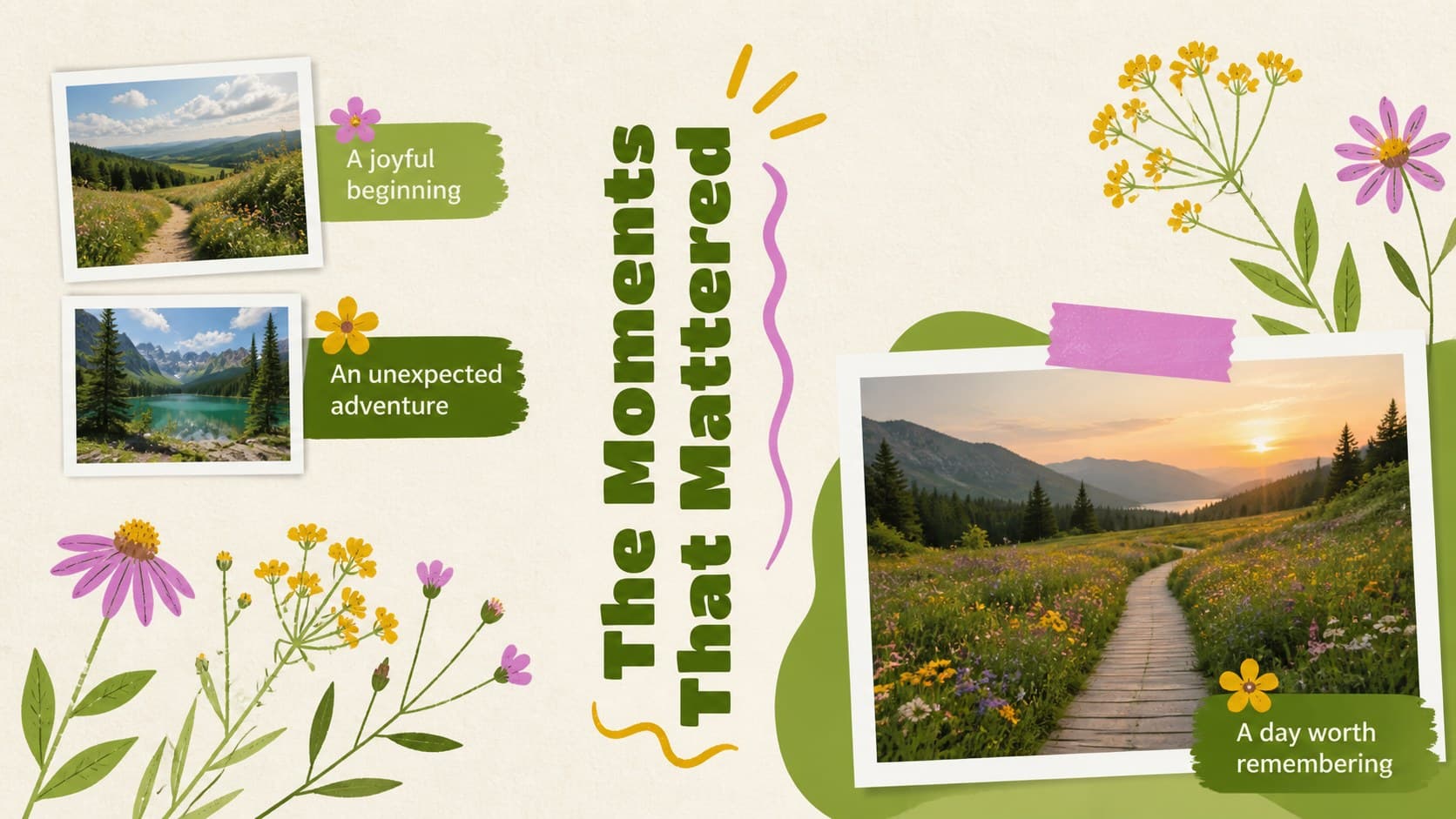 Green nature recap slide displaying three framed photos for the year's most meaningful memories.