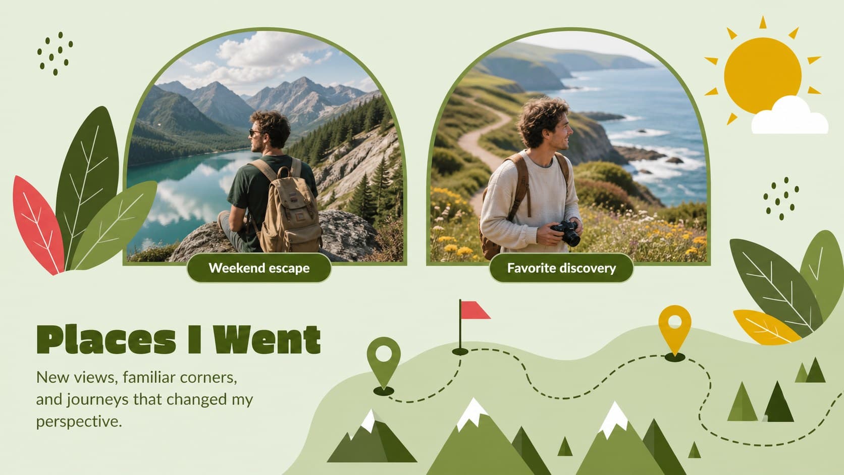 Personal highlights PowerPoint deck page with travel photos and nature-inspired map graphics.