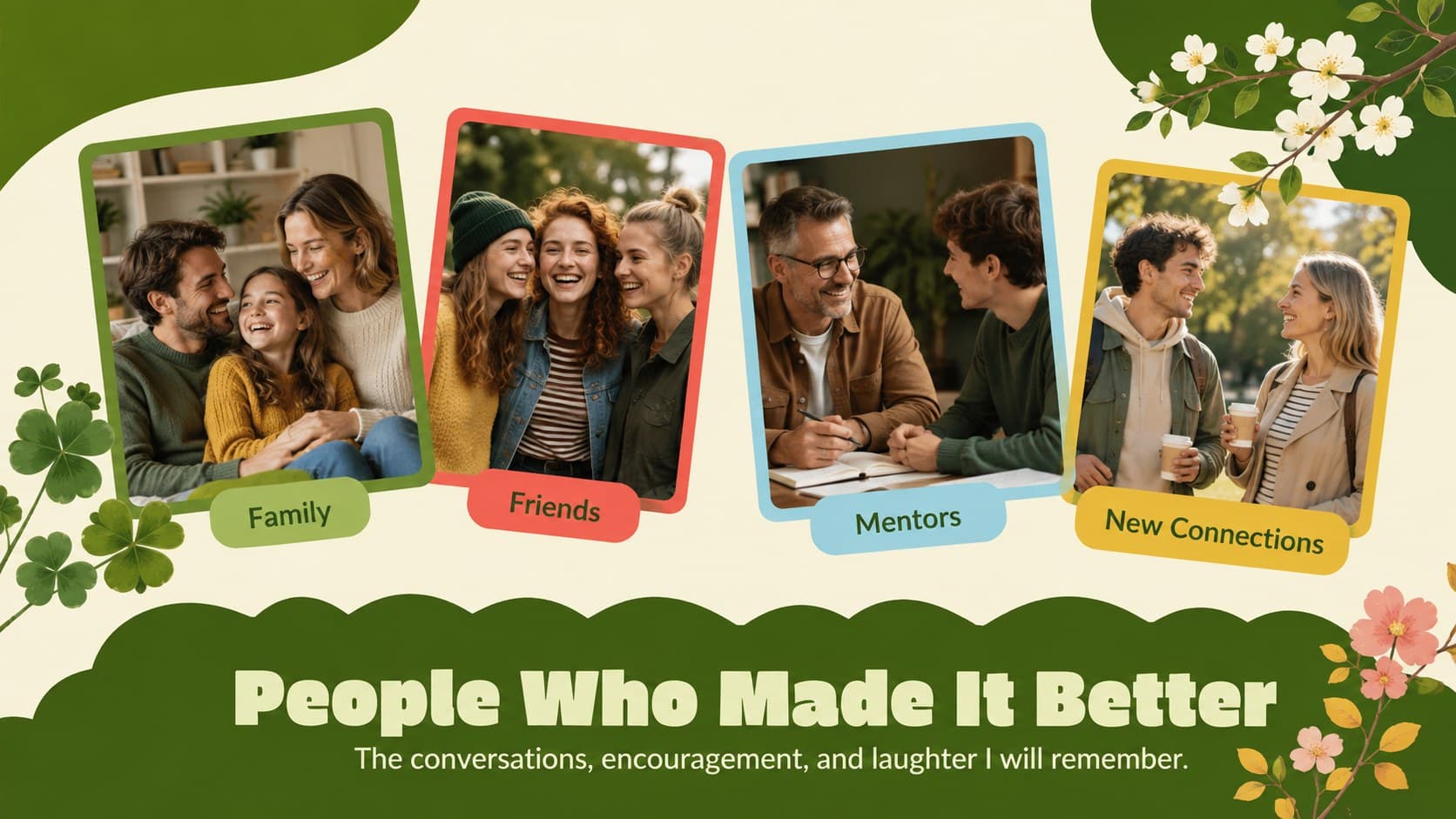 Family memories Google Slides theme page celebrating important people with colorful green portrait frames.