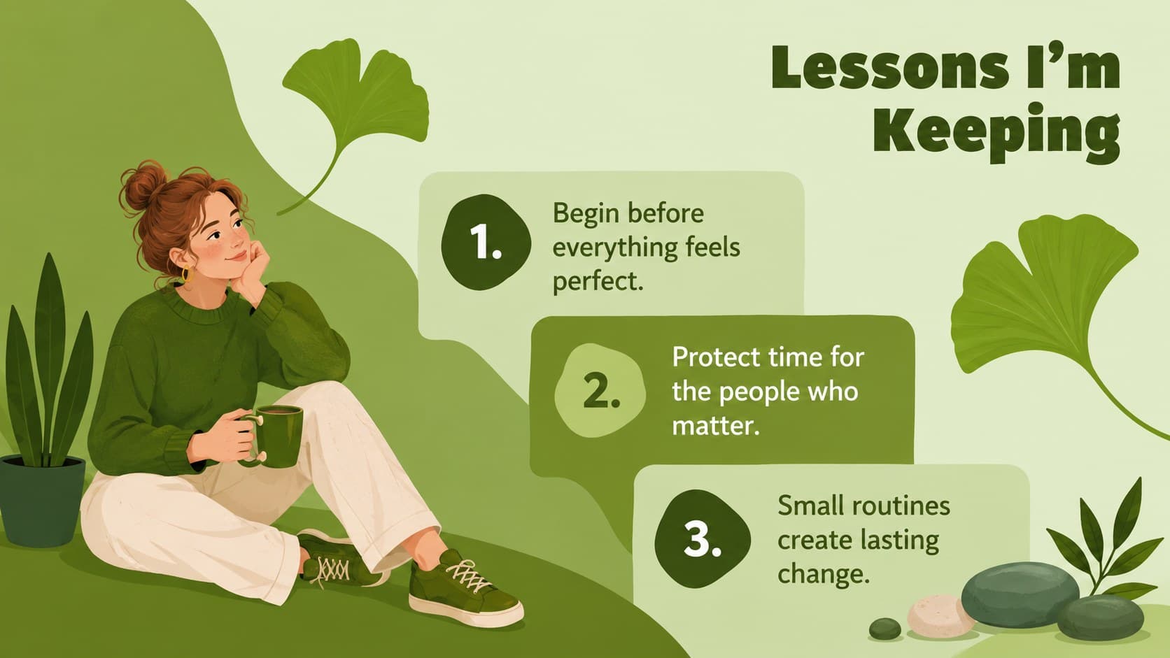 Modern nature reflection presentation slide listing three lessons learned during the year.