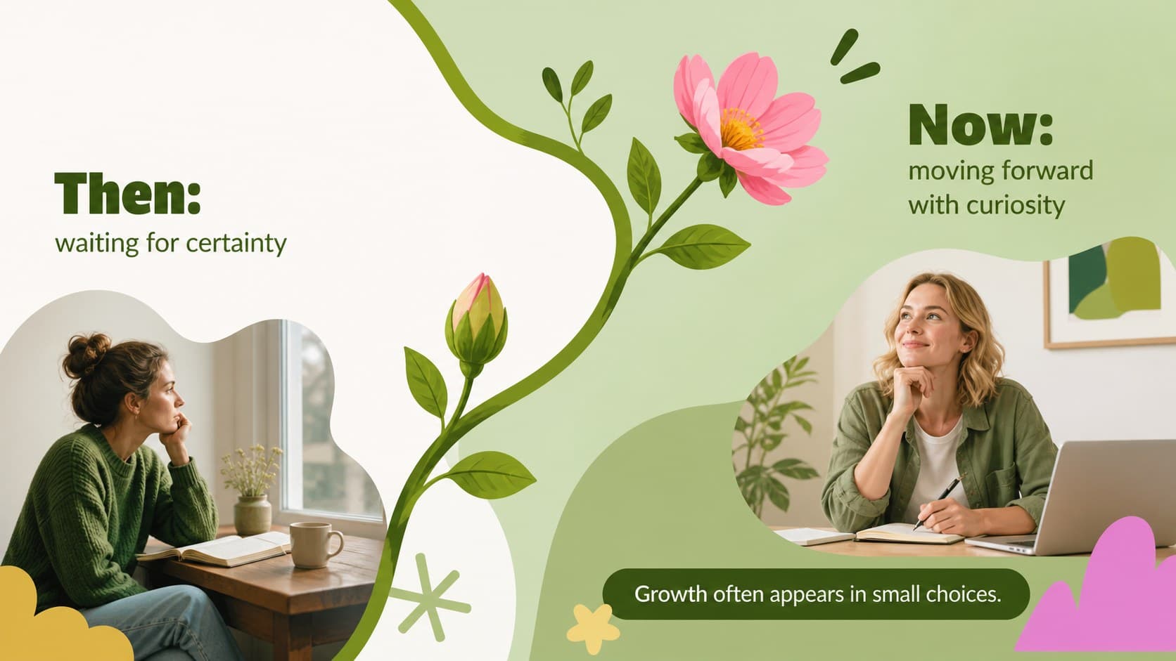 Green botanical recap slide comparing the start and end of a year through personal growth notes.
