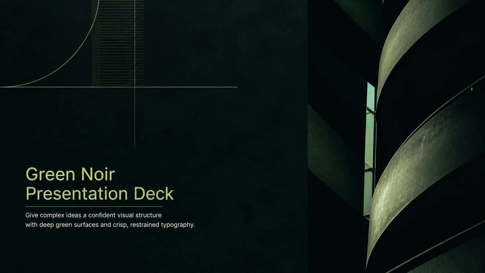 Green Noir Presentation Deck cover with a deep green background, refined typography, and restrained geometric accents.