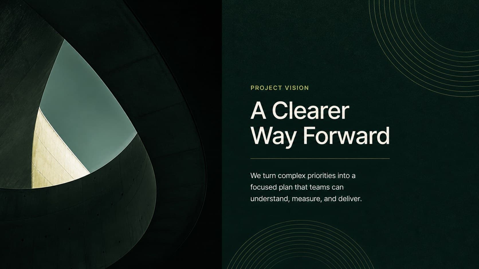 Green corporate proposal slide presenting a concise project vision beside an abstract architectural photograph.