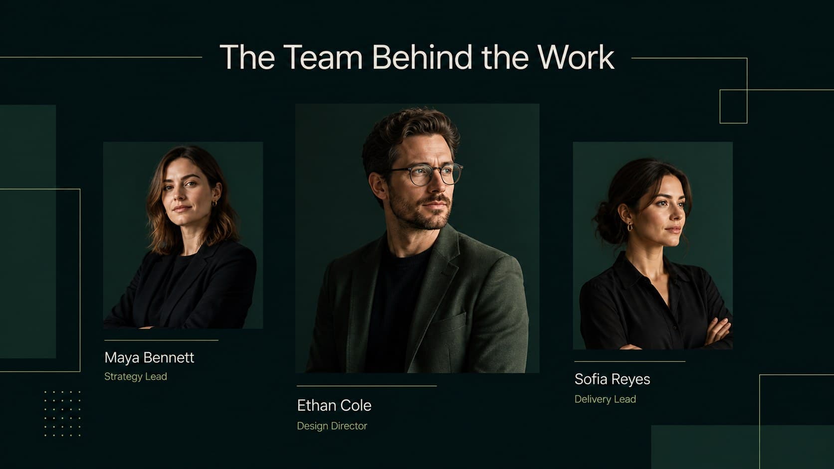Minimal green team introduction slide with three original professional portraits and concise role descriptions.
