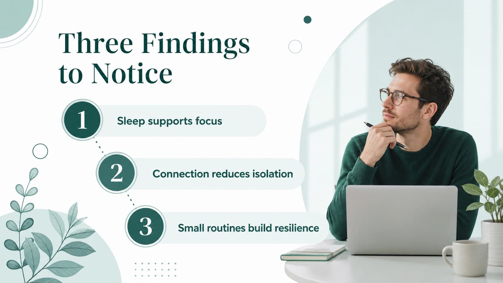 Green mental health research slide presenting three evidence-based findings.