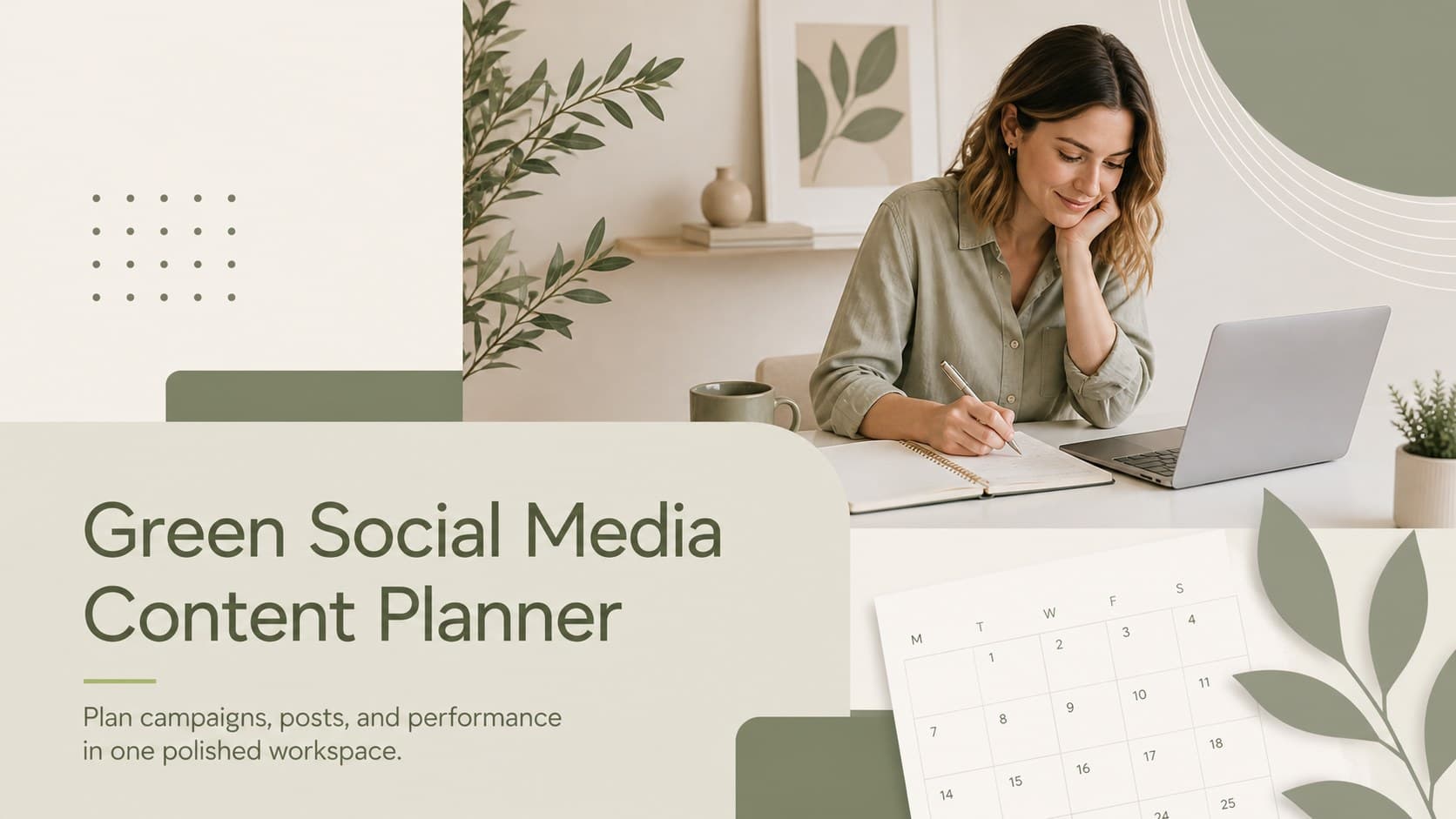Cover of a green social media content planner with clean geometric accents and a modern editorial layout.
