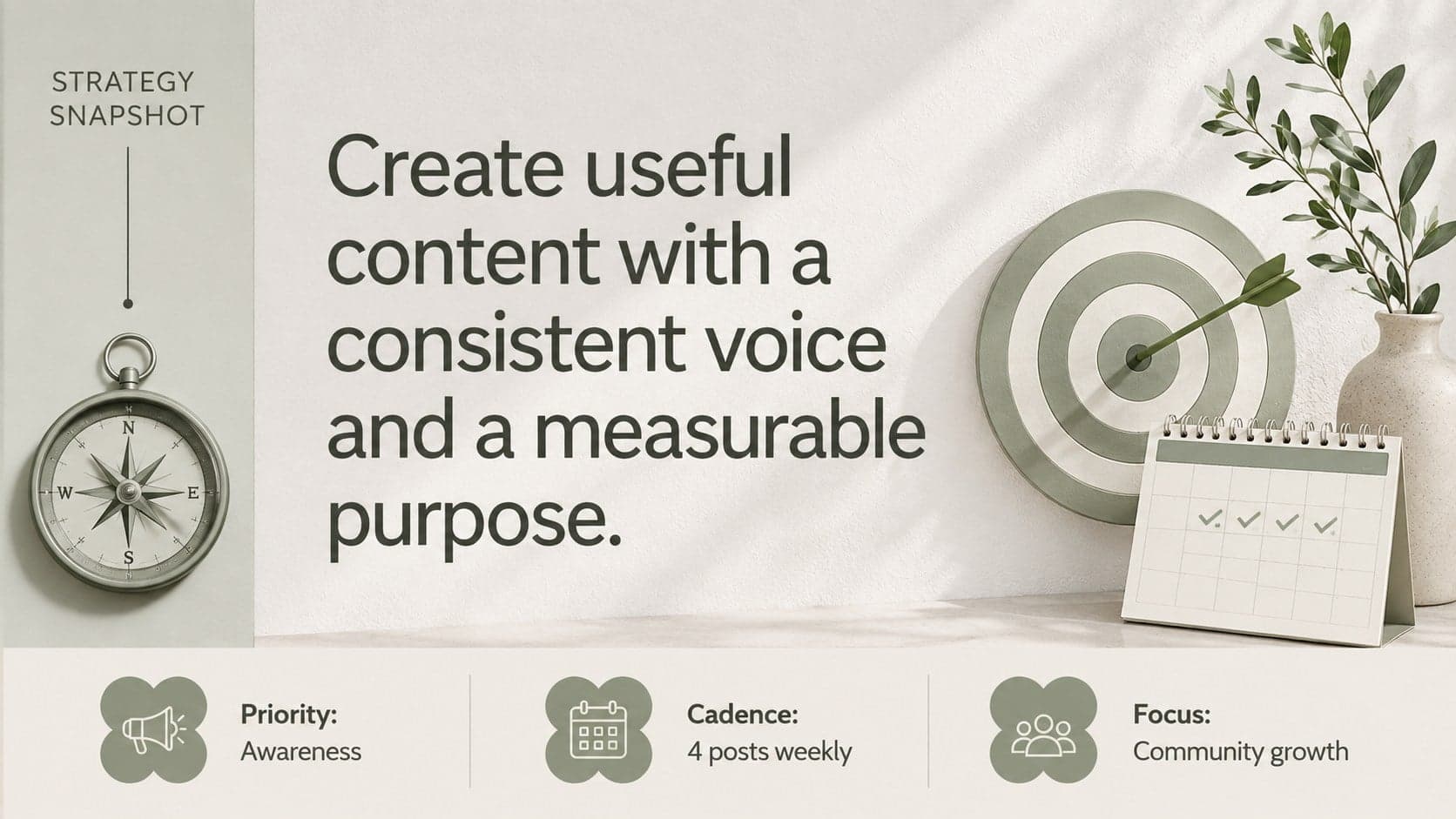 Social media strategy snapshot slide summarizing campaign purpose, priorities, and publishing cadence.