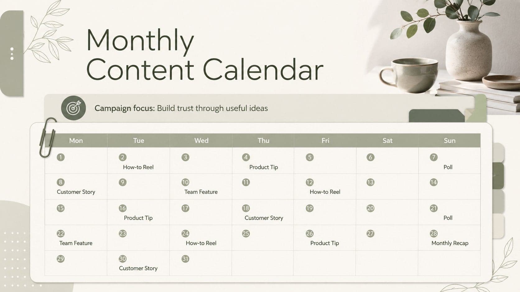 Green geometric social media calendar showing a monthly campaign schedule and key publishing dates.