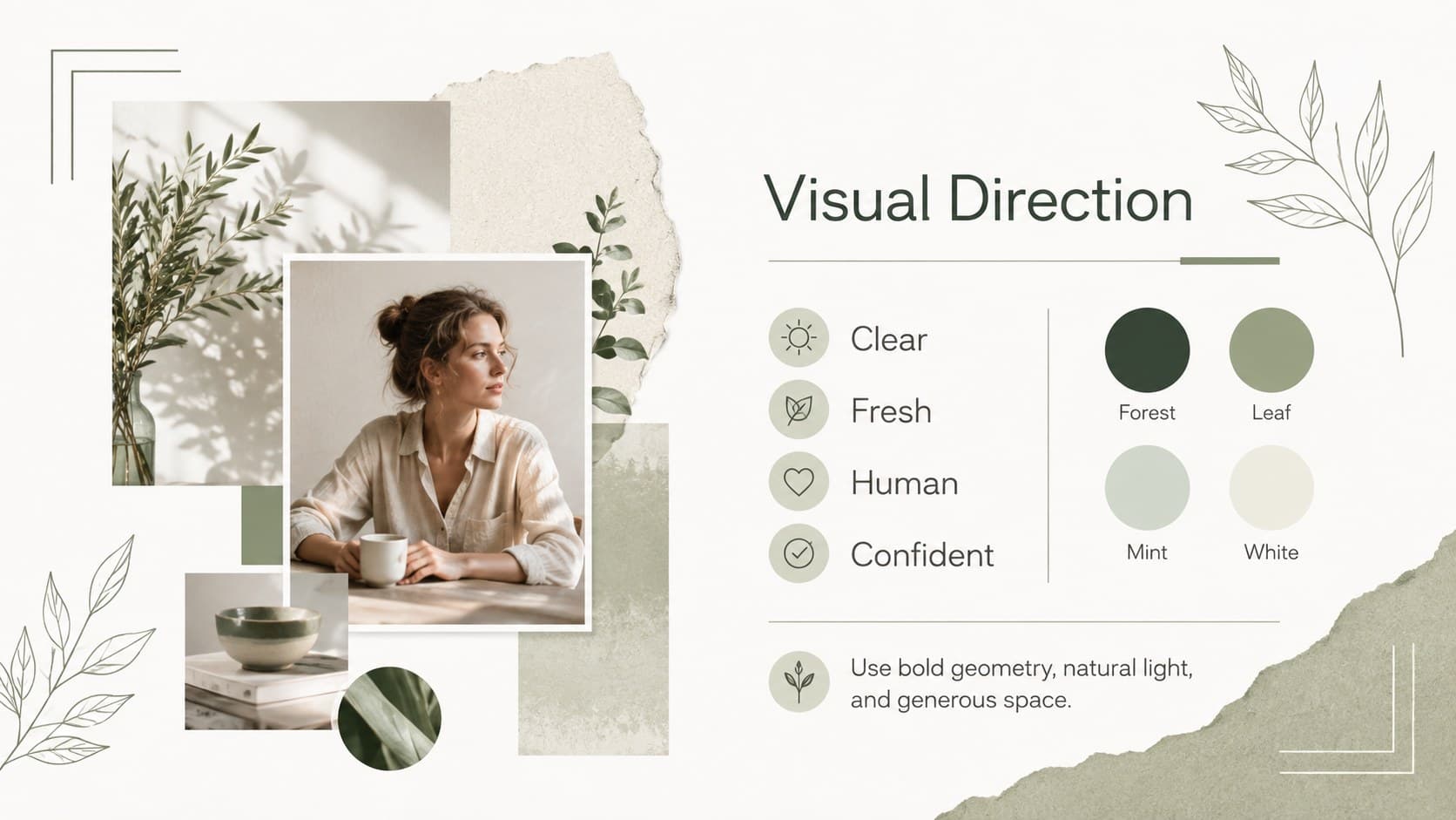 Visual direction board for a minimalist Instagram content planning deck using green geometric styling.