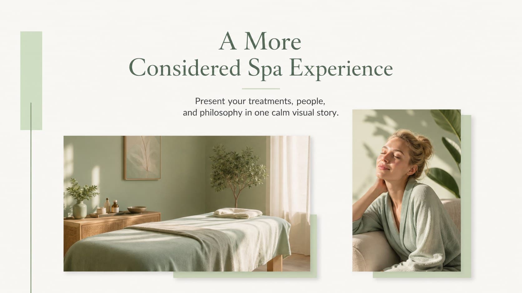 Introduction slide outlining a calm spa service presentation for beauty and wellness clients.