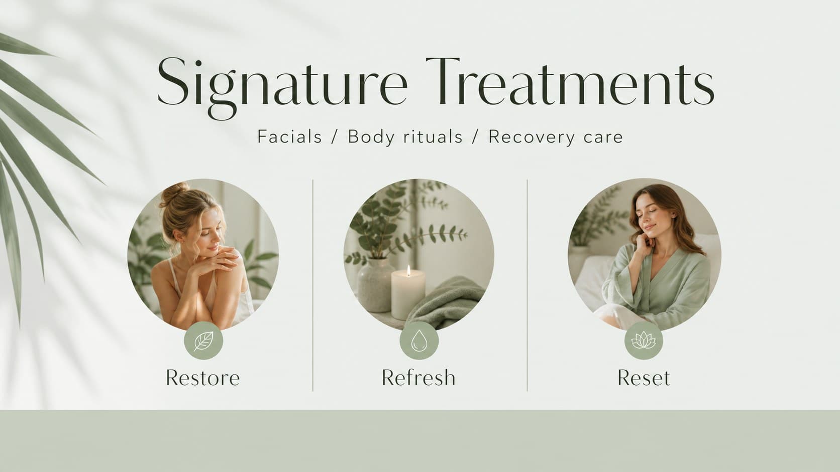 Service menu slide showing signature spa treatments in an editable wellness presentation layout.