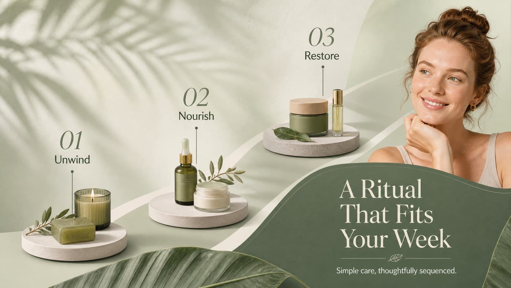 Wellness routine slide presenting a three-step self-care ritual with green spa styling.