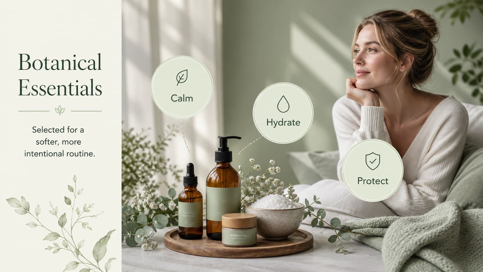 Product spotlight slide for presenting botanical skincare essentials in a beauty deck.