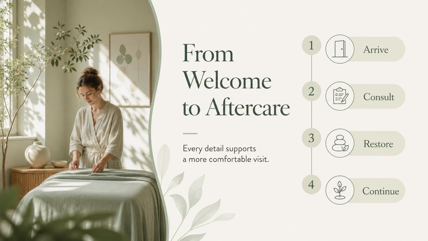 Client journey slide mapping spa appointment steps from arrival through aftercare.