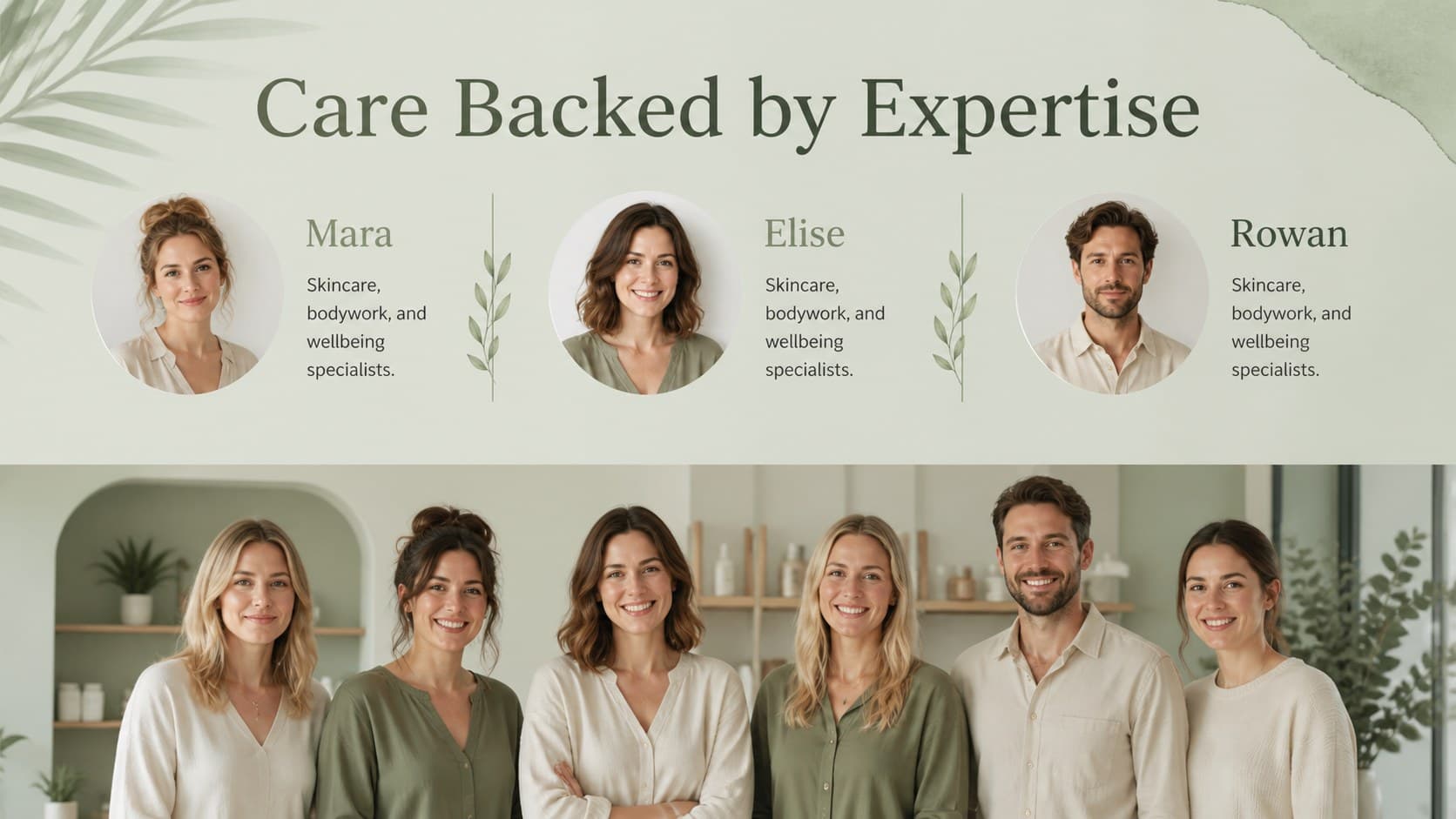 Team introduction slide featuring spa specialists and their wellness expertise.